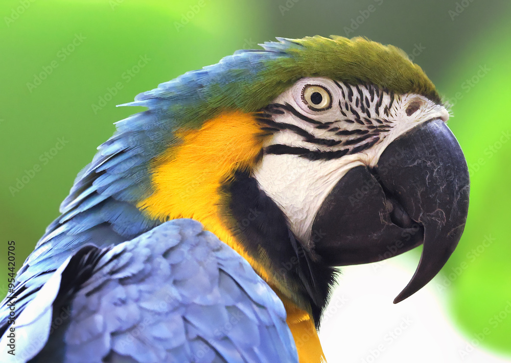 Blue and gold macaw head on green background Blue and gold macaw head on green background