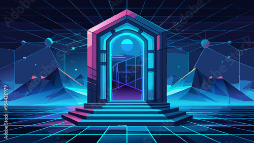 Puerta digital abstracta en el futuro con luz neón