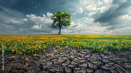 07231249 312. Detailed view of a meadow with vibrant dandelions next to a parched, cracked soil area, with a lone tree at the center, symbolizing the effects of global warming