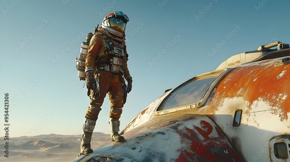 Naklejka premium Lone Hero Surveys Rusted Spacecraft in Barren Desert Landscape