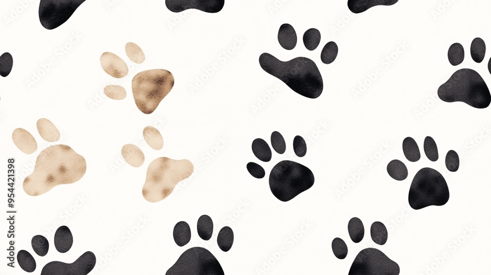 Paw Prints Watercolor Pattern: A delightful seamless pattern featuring watercolor paw prints in black and tan, perfect for pet-themed projects, pet products, or any design needing a touch of playful Paw Prints Watercolor Pattern: A delightful seamless pattern featuring watercolor paw prints in black and tan, perfect for pet-themed projects, pet products, or any design needing a touch of playful