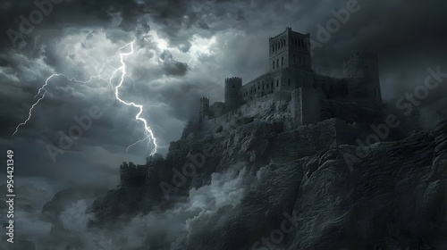 Ancient Scottish stone castle stands tall against the dark night sky, a medieval landmark overlooking the rugged landscape