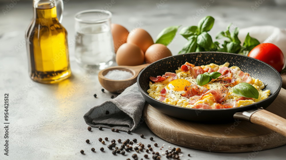 Freshly cooked scrambled eggs with bacon and tomatoes in a skillet