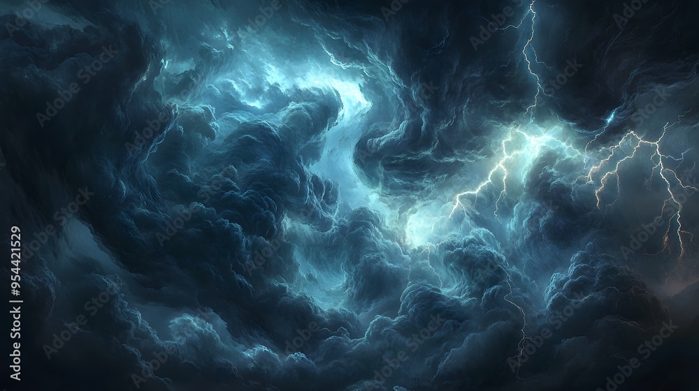Dramatic lightning illuminates a stormy sky, casting an eerie glow on the dark landscape Dramatic lightning illuminates a stormy sky, casting an eerie glow on the dark landscape