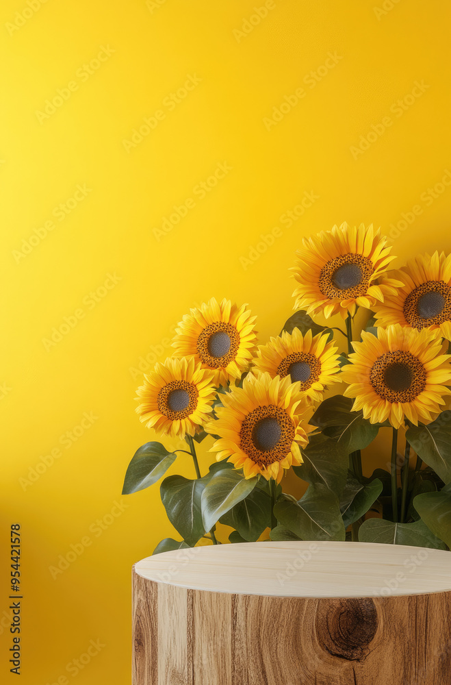 Obraz premium White Mock-Up Podium Featuring Sunflowers in the Background for a Vibrant and Sunny Decor