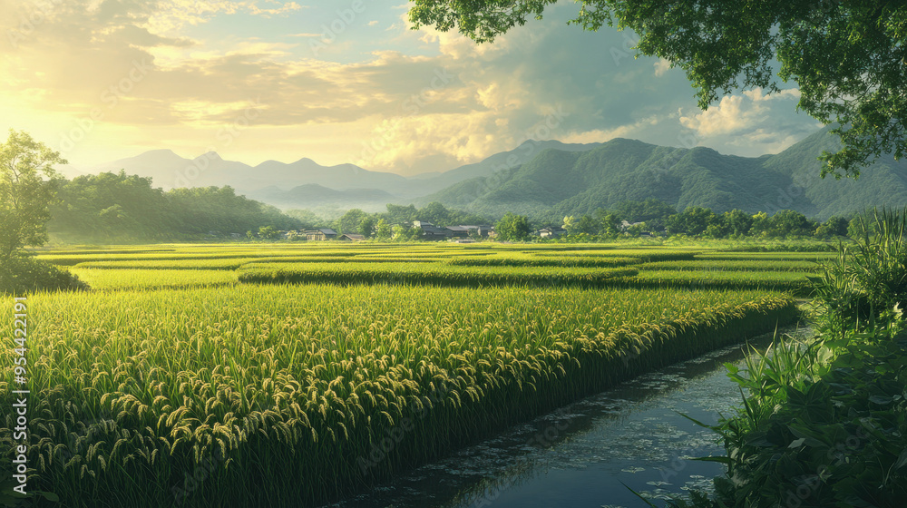 Fototapeta premium Hyper-realistic portrayal of a rice field at dusk, with the evening light casting a warm glow