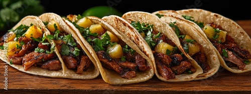 Tacos al pastor, with marinated pork and pineapple, on soft corn tortillas, under street food stall lighting