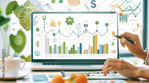 07231249 317. Detailed depiction of an investor analyzing charts with icons of environmental sustainability, social responsibility, and governance principles, emphasizing ESG concepts