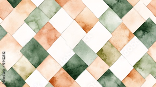 Earthy Geometry: A seamless watercolor pattern of green and peach squares creates a calming and modern aesthetic. 