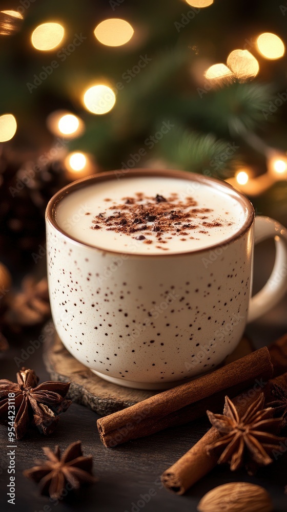Vegan chai latte, with almond milk and cinnamon, in a ceramic cup, under warm ambient lighting Vegan chai latte, with almond milk and cinnamon, in a ceramic cup, under warm ambient lighting