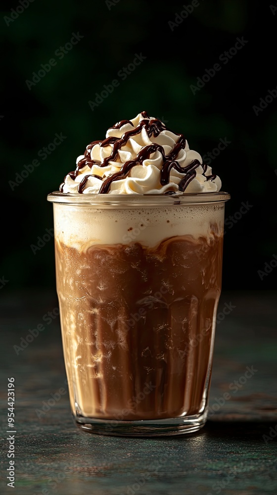 Vegan iced mocha, with almond milk and chocolate drizzle, in a glass jar, under bright morning light Vegan iced mocha, with almond milk and chocolate drizzle, in a glass jar, under bright morning light