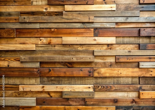 Rustic wooden slat wall with horizontal planks of varying widths and distressed finishes, evoking a natural, earthy atmosphere in a modern rustic interior design setting.