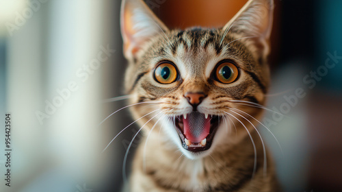 Excited tabby cat with mouth open and wide eyes in closeup photo