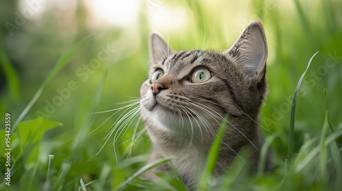 Curious tabby cat in lush green grass looking up with wide eyes