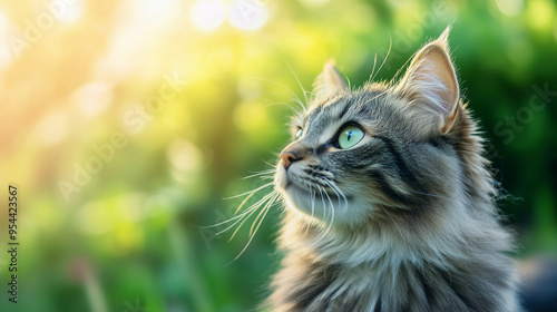 Curious tabby cat in lush green grass looking up with wide eyes