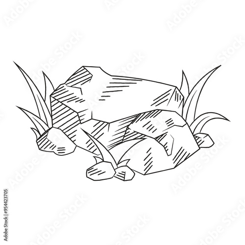Isolated stone and grass line art. Hand drawn stone illustration