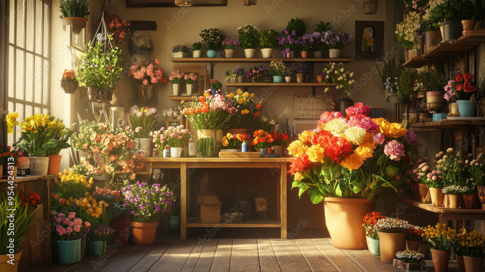 Hyper-realistic scene of a small-town florist, with vibrant flowers and plants artfully Hyper-realistic scene of a small-town florist, with vibrant flowers and plants artfully