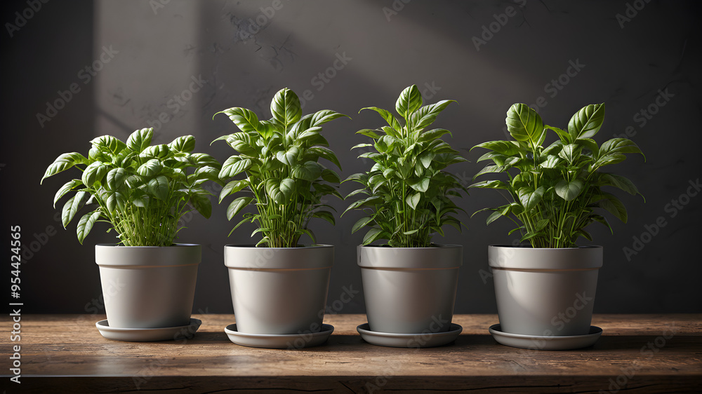 herb garden, pots with fresh basil, mint, and rosemary, illustration herb garden, pots with fresh basil, mint, and rosemary, illustration