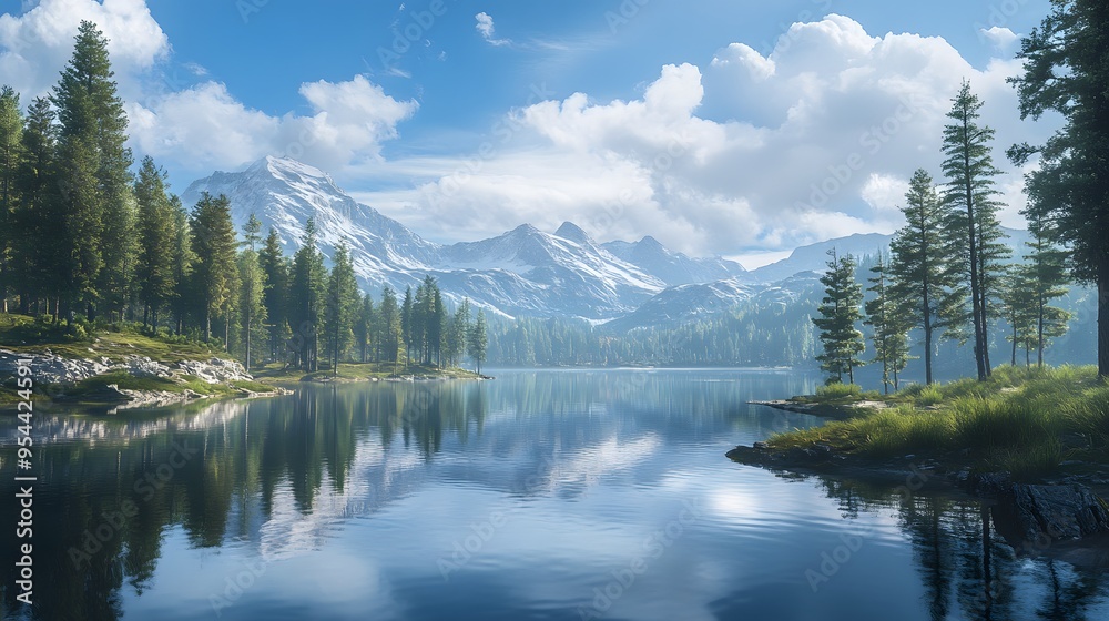 A serene mountain lake surrounded by tall pine trees A serene mountain lake surrounded by tall pine trees