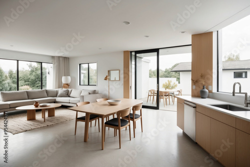 A modern open-concept living and dining area with Scandinavian and mid-century design elements, featuring a minimalist sofa, sleek dining table