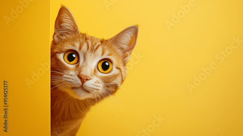 Curious orange tabby cat peeking from behind a yellow wall. Banner with empty copy space