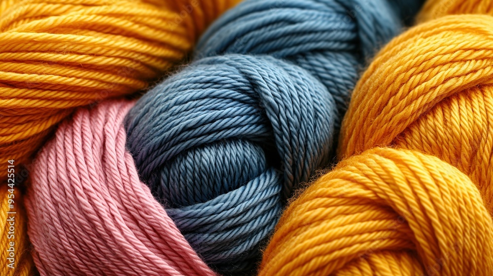Several skeins of yarn in various shades of blue, yellow, pink, orange, and white lay on the table Several skeins of yarn in various shades of blue, yellow, pink, orange, and white lay on the table