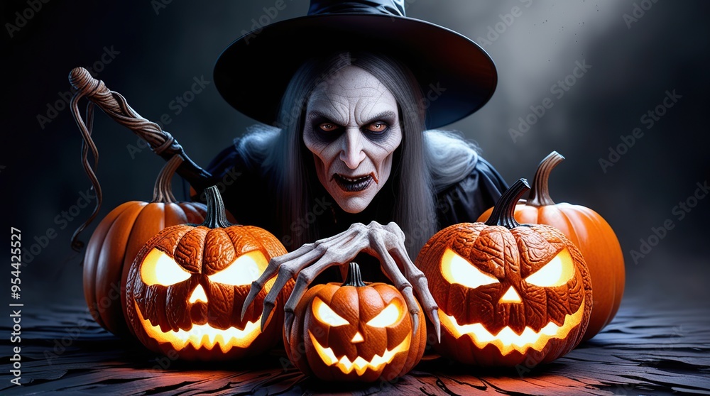 Fototapeta premium Halloween themed watercolor background featuring pumpkins and a witch