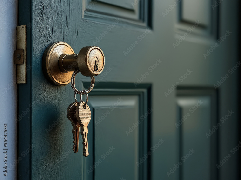 Close-up of house keys hanging from a door lock, symbolizing home security, real estate transactions, or property rental agreements Close-up of house keys hanging from a door lock, symbolizing home security, real estate transactions, or property rental agreements