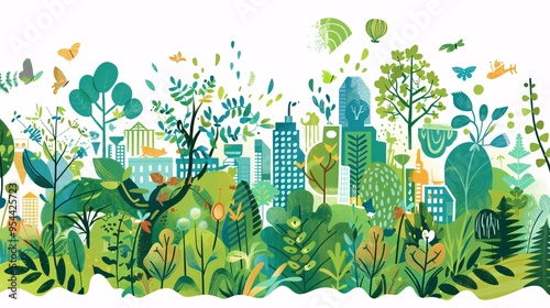 07231249 335. Creative hand-drawn banner for sustainable development, featuring illustrations of eco-friendly practices, green infrastructure, and natural landscapes, promoting environmental photo