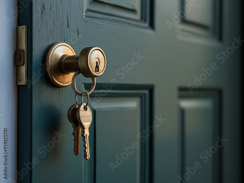 Close-up of house keys hanging from a door lock, symbolizing home security, real estate transactions, or property rental agreements