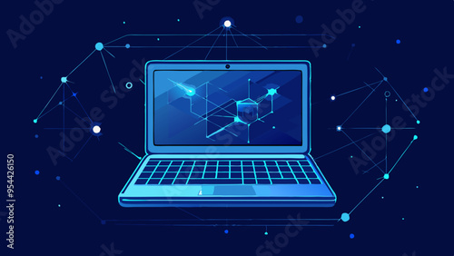 Computadora portátil en estilo poligonal azul tecnológico sobre fondo oscuro