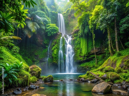 Serene tropical waterfall cascades down lush green rocks at Hamama Falls, surrounding misty atmosphere and sunlit foliage creating a peaceful, idyllic Hawaiian oasis scene. photo