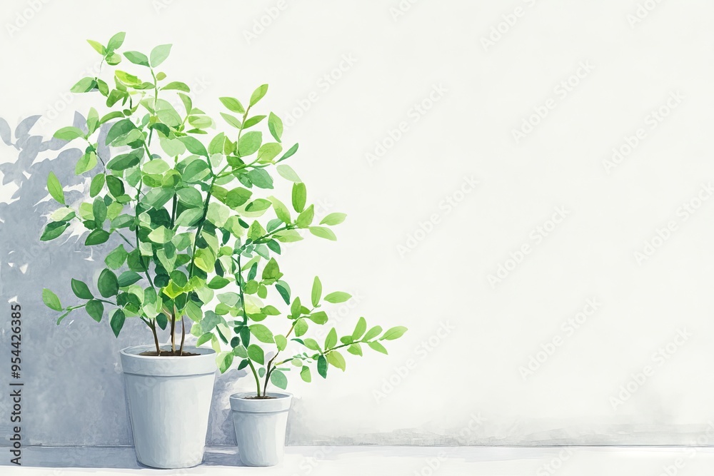 Minimalist photo of two potted plants against a white wall, representing growth and simplicity in home decor and interior design. Minimalist photo of two potted plants against a white wall, representing growth and simplicity in home decor and interior design.