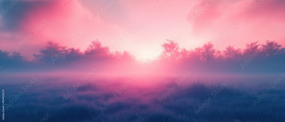 Fototapeta premium A serene landscape with a vibrant sunset, casting pink and purple hues over the misty fields and silhouettes of trees.