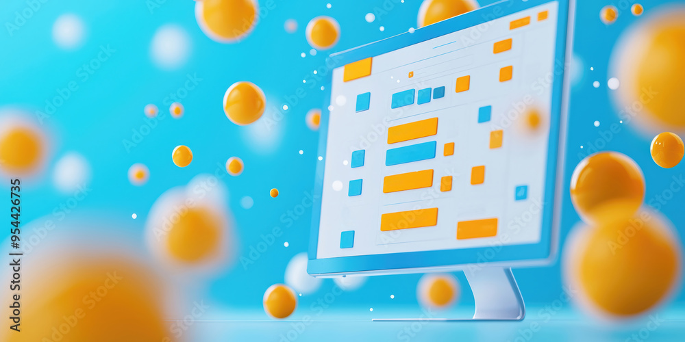 Obraz premium Abstract digital workspace with a computer display surrounded by colorful bubbles, symbolizing technology and creativity.