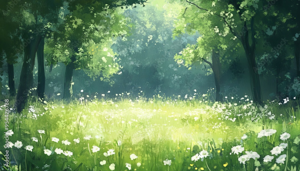 Fototapeta premium Sunlit meadow with blooming flowers and lush greenery in a peaceful forest setting, perfect for nature and landscape photography.