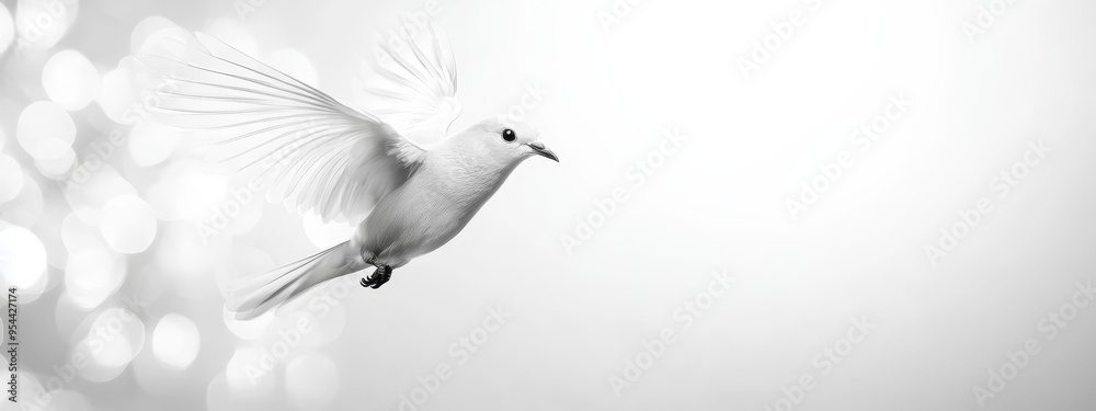 Obraz premium A black-and-white image of a bird flying, wings outstretched