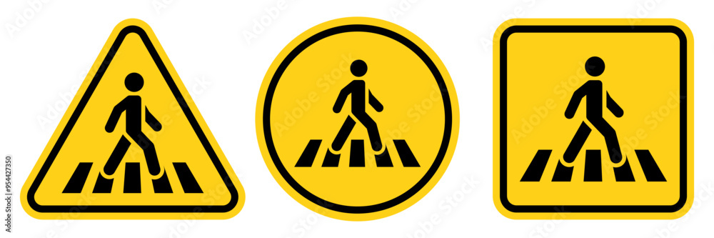 Pedestrian crossing sign. Silhouette man walking along crosswalk hazard symbol safety sign. Traffic road sign. Pedestrian crossing sign. Silhouette man walking along crosswalk hazard symbol safety sign. Traffic road sign.