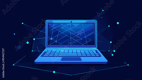Computadora portátil en estilo poligonal azul tecnológico sobre fondo oscuro
