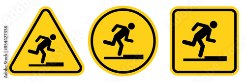 Tripping hazard symbol safety sign. Floor surface obstacle fall caution symbol. Person foot falling beware sign. Vector Illustration.