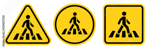 Pedestrian crossing sign. Silhouette man walking along crosswalk hazard symbol safety sign. Traffic road sign.
