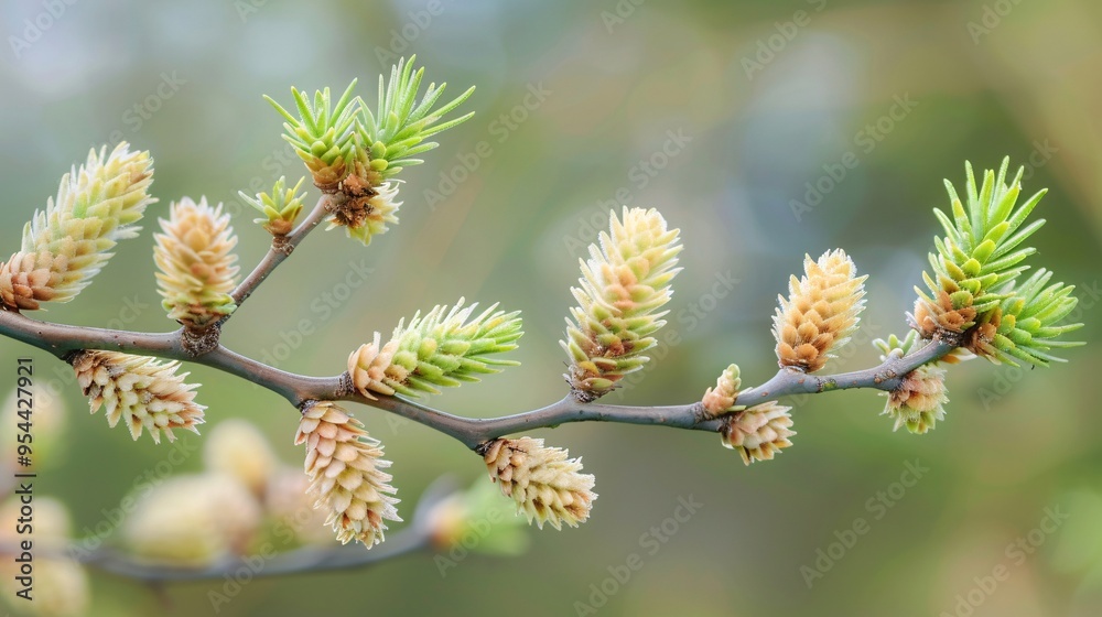 07231249 343. Soft focus image of Larix Decidua branch with light brown cones and opening buds, capturing the serene beauty of the larch tree for seasonal design 07231249 343. Soft focus image of Larix Decidua branch with light brown cones and opening buds, capturing the serene beauty of the larch tree for seasonal design