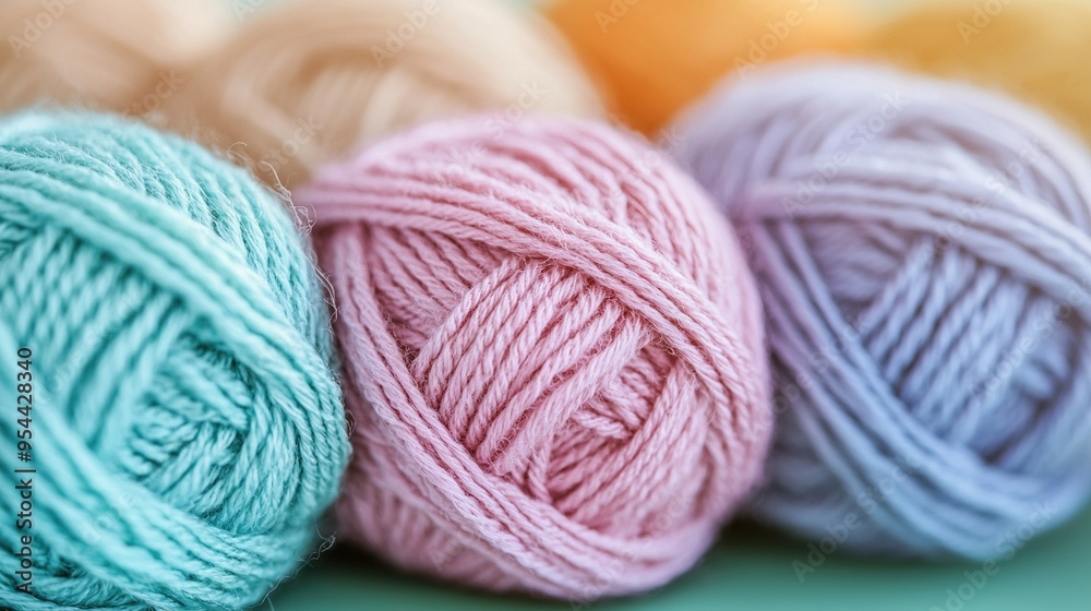   A row of yarn balls sits on a blue cloth, surrounded by a pink, yellow, and blue ball in the background