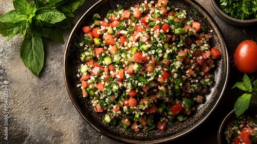 Fresh Tabbouleh Salad with Tomatoes, Cucumber, and Parsley - Realistic Food Photography