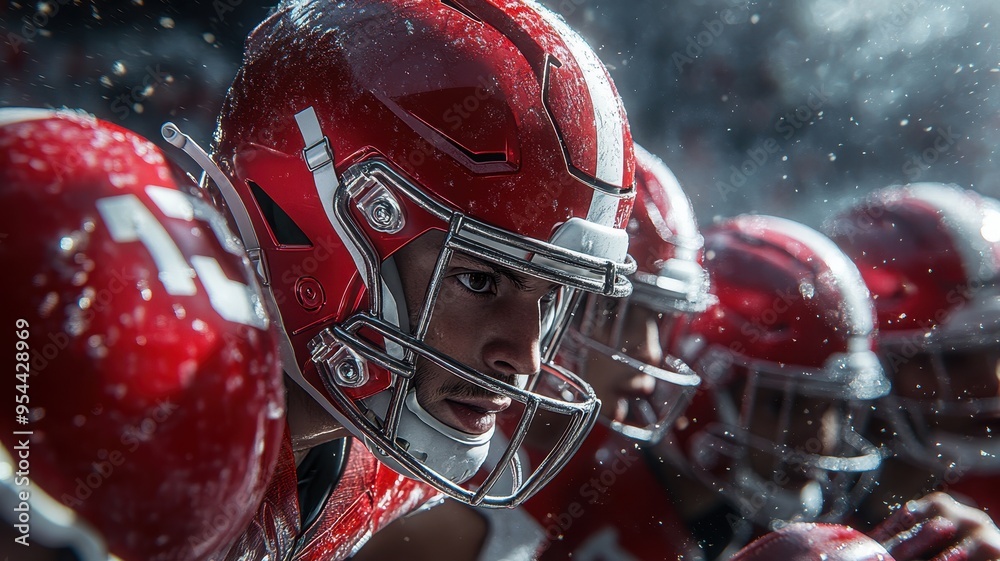 Fototapeta premium Intense football players prepared for action under the rain, showcasing determination and teamwork in a thrilling sports atmosphere.