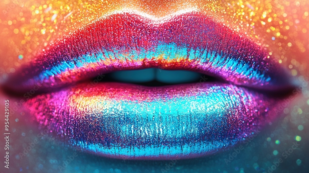 A close-up of a woman's lips with colorful glitters on both the top and bottom lip A close-up of a woman's lips with colorful glitters on both the top and bottom lip
