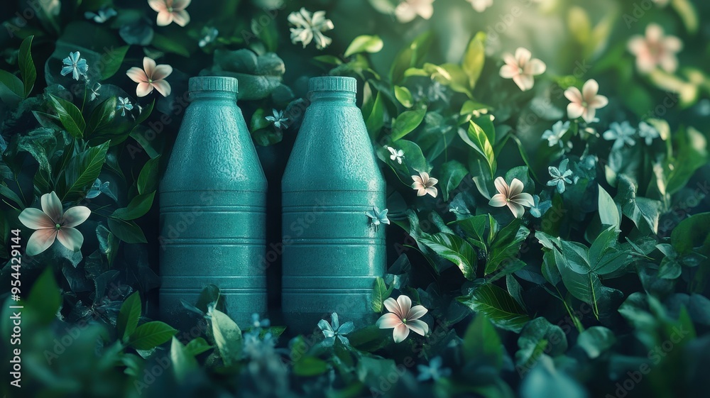 Obraz premium Two eco-friendly bottles surrounded by lush greenery and flowers, showcasing nature and sustainability in a vibrant setting.