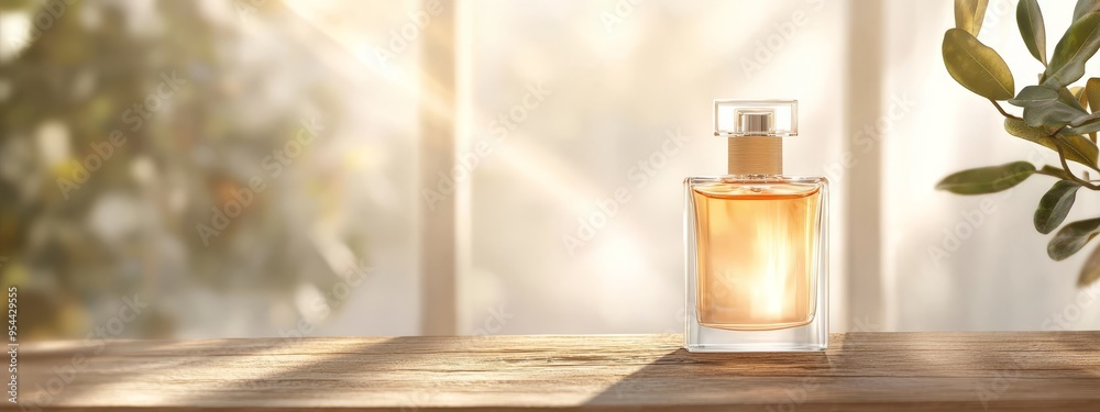 A bottle of perfume atop a wooden table, adjacent to a vase holding a verdant plant A bottle of perfume atop a wooden table, adjacent to a vase holding a verdant plant