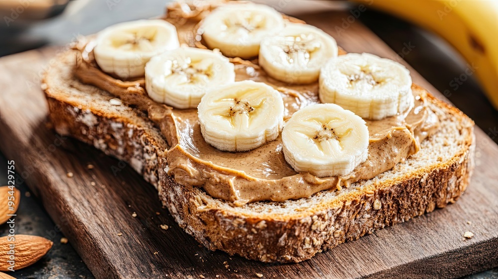 Peanut Butter and Banana Toast on a Wooden Cutting Board Peanut Butter and Banana Toast on a Wooden Cutting Board