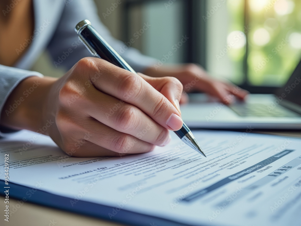 Close-up of a hand signing an important legal document with a pen, focused on the signature, professional setting, contract approval or agreement, working on a laptop in the background Close-up of a hand signing an important legal document with a pen, focused on the signature, professional setting, contract approval or agreement, working on a laptop in the background